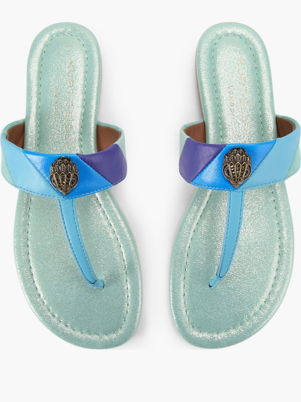 New Kurt Geiger leather Mint Metallic T-Strap Sandals with Blue & Purple Straps - Picture 2 of 4